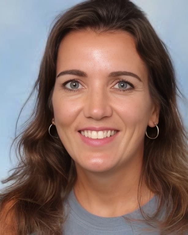 Tamara Pijnenburg, StudieKeuzeCoach in Den Bosch, lachend in een grijs mouwloos shirt voor een lichtblauwe achtergrond